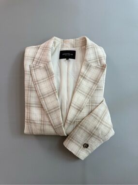 Lafayette 148 New York Plaid Tartan Cream Blazer Italian Tweed Wool Linen Sz 10
